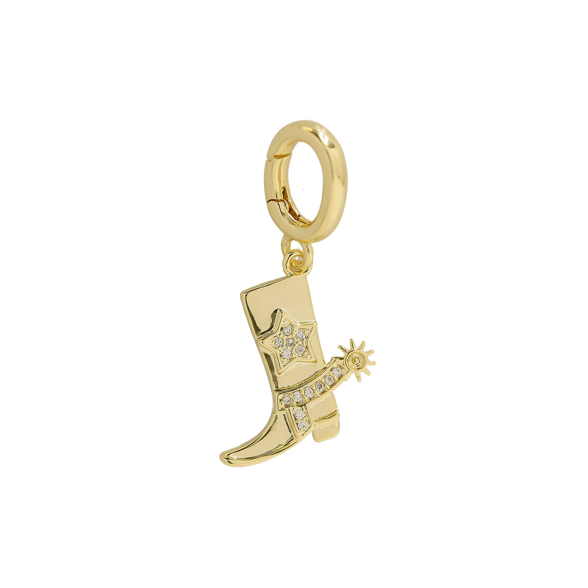 Cowgirl Boot Charm with star and CZ details, crafted from 18k gold-plated brass with an interchangeable clasp, from the Charm Bar at Bmaes Boutique.