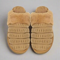 Ribbed pattern knitted slippers with faux fur lining by C.C, available in S/M and M/L sizes, offering cozy comfort.