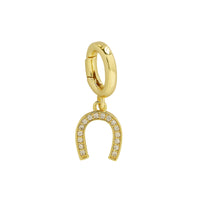 CZ Good Luck Horseshoe Charm with cubic zirconia and an interchangeable clasp, made of 18k gold-plated brass from the Charm Bar at Bmaes Boutique, perfect for adding a symbol of luck to your custom necklace.