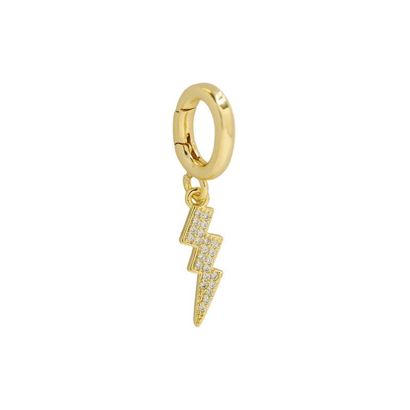 CZ Lightning Bolt Charm with sparkling cubic zirconia, crafted from 18k gold-plated brass with an interchangeable clasp, from the Charm Bar at Bmaes Boutique.