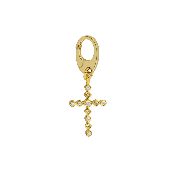 Cubic Zirconia Religious Cross Charm with interchangeable clasp made of 18k gold-plated brass from the Charm Bar at Bmaes Boutique, featuring a sparkling cross design perfect for customizing necklaces.