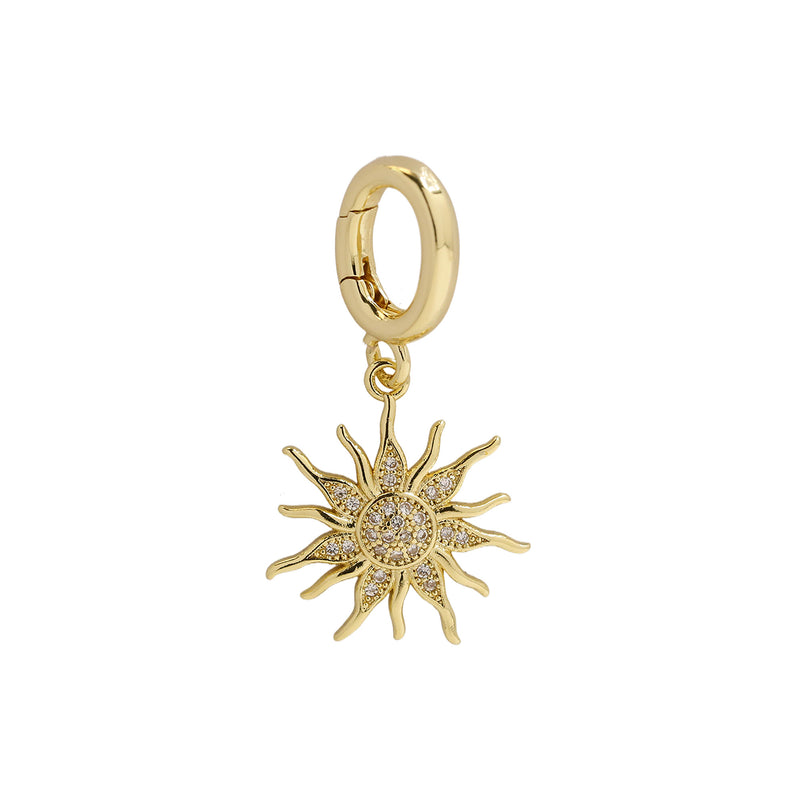 CZ Sun Charm with interchangeable clasp made of 18k gold-plated brass from the Charm Bar at Bmaes Boutique, featuring a dazzling sun design perfect for customizing necklaces.