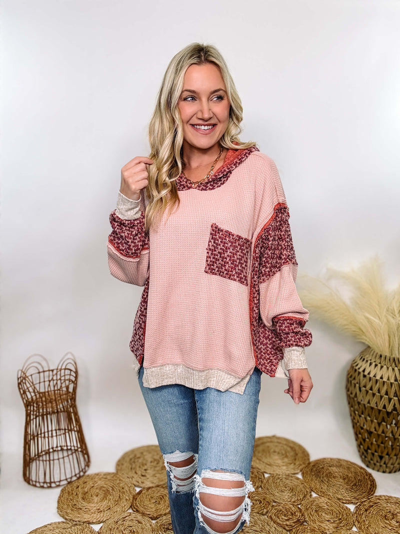 Easel Mixed fabric thermal hoodie in mauve pink with patchwork detailing, chest pocket, ribbed cuffs, and side slits. Relaxed fit, soft material, perfect for casual or dressed-up outfits with denim or leggings.