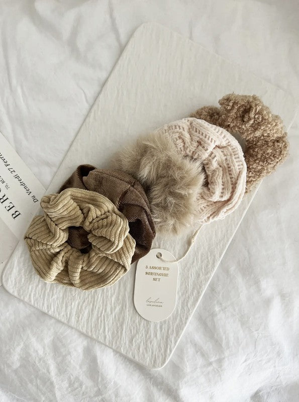 Set of 5 large winter scrunchies in neutral tones including caramel, taupe, and beige – perfect for holiday gifts and stocking stuffers.