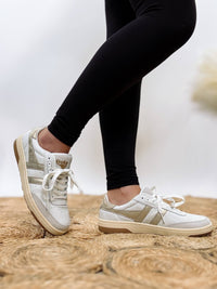 Gola Women's Falcon Mirror Sneakers in White Leather with Metallic Gold Wingflash and Gum Outsole