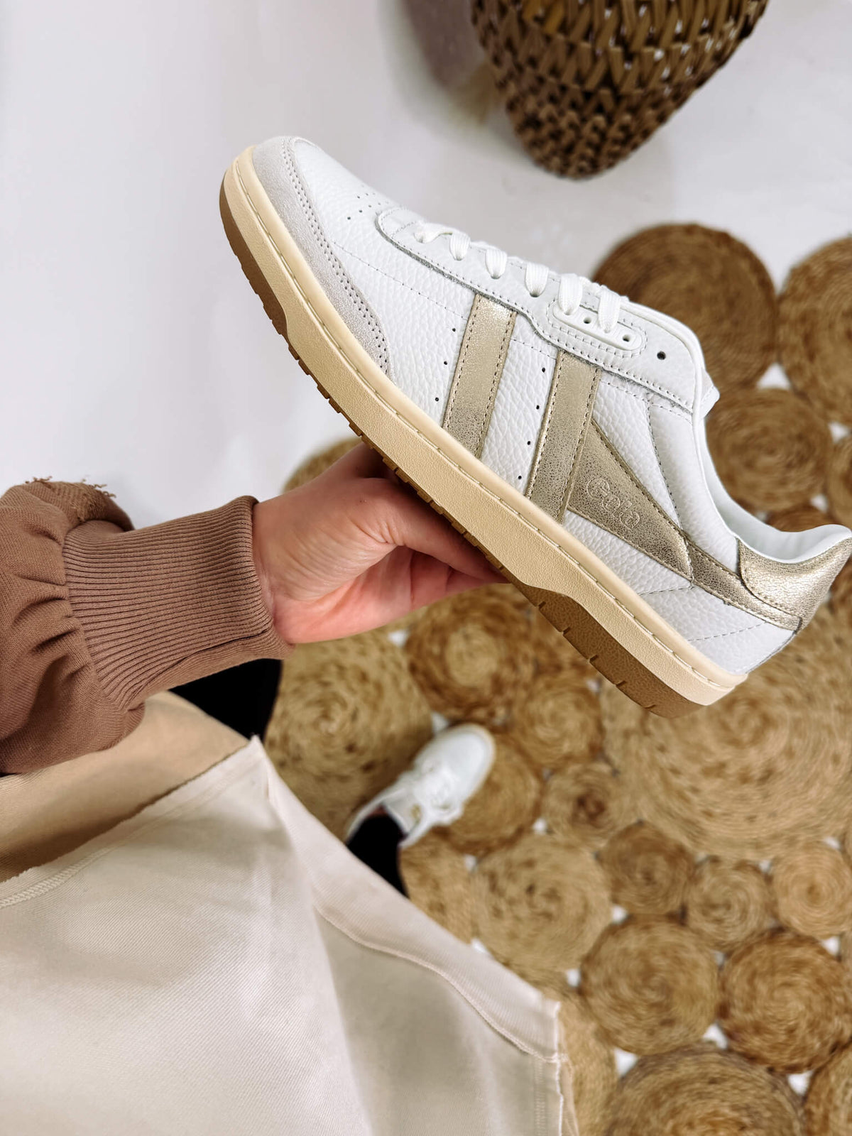 Gola Women's Falcon Mirror Sneakers in White Leather with Metallic Gold Wingflash and Gum Outsole