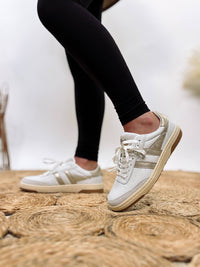 Gola Women's Falcon Mirror Sneakers in White Leather with Metallic Gold Wingflash and Gum Outsole