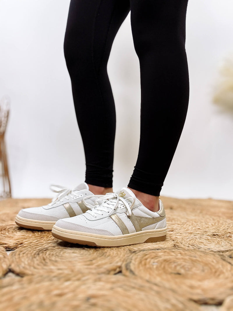 Gola Women's Falcon Mirror Sneakers in White Leather with Metallic Gold Wingflash and Gum Outsole