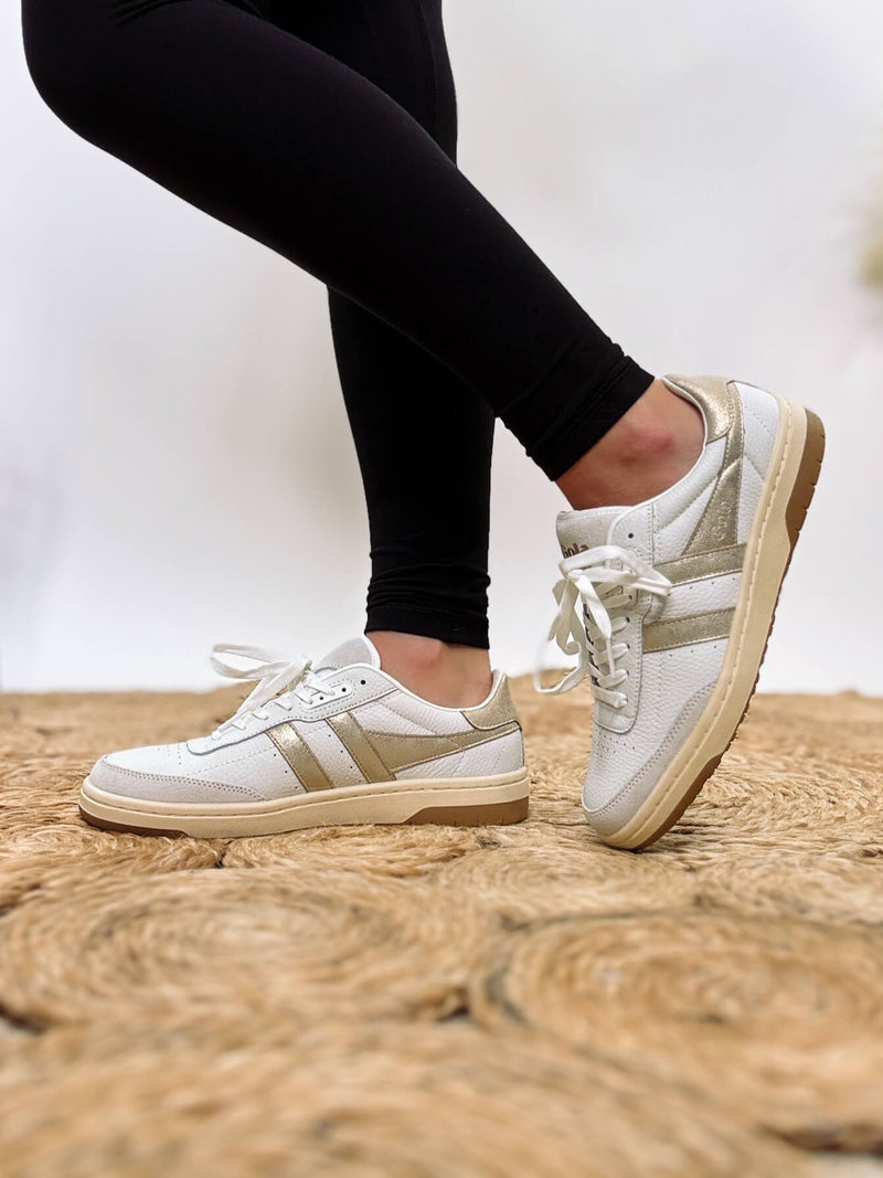 Gola Women's Falcon Mirror Sneakers in White Leather with Metallic Gold Wingflash and Gum Outsole