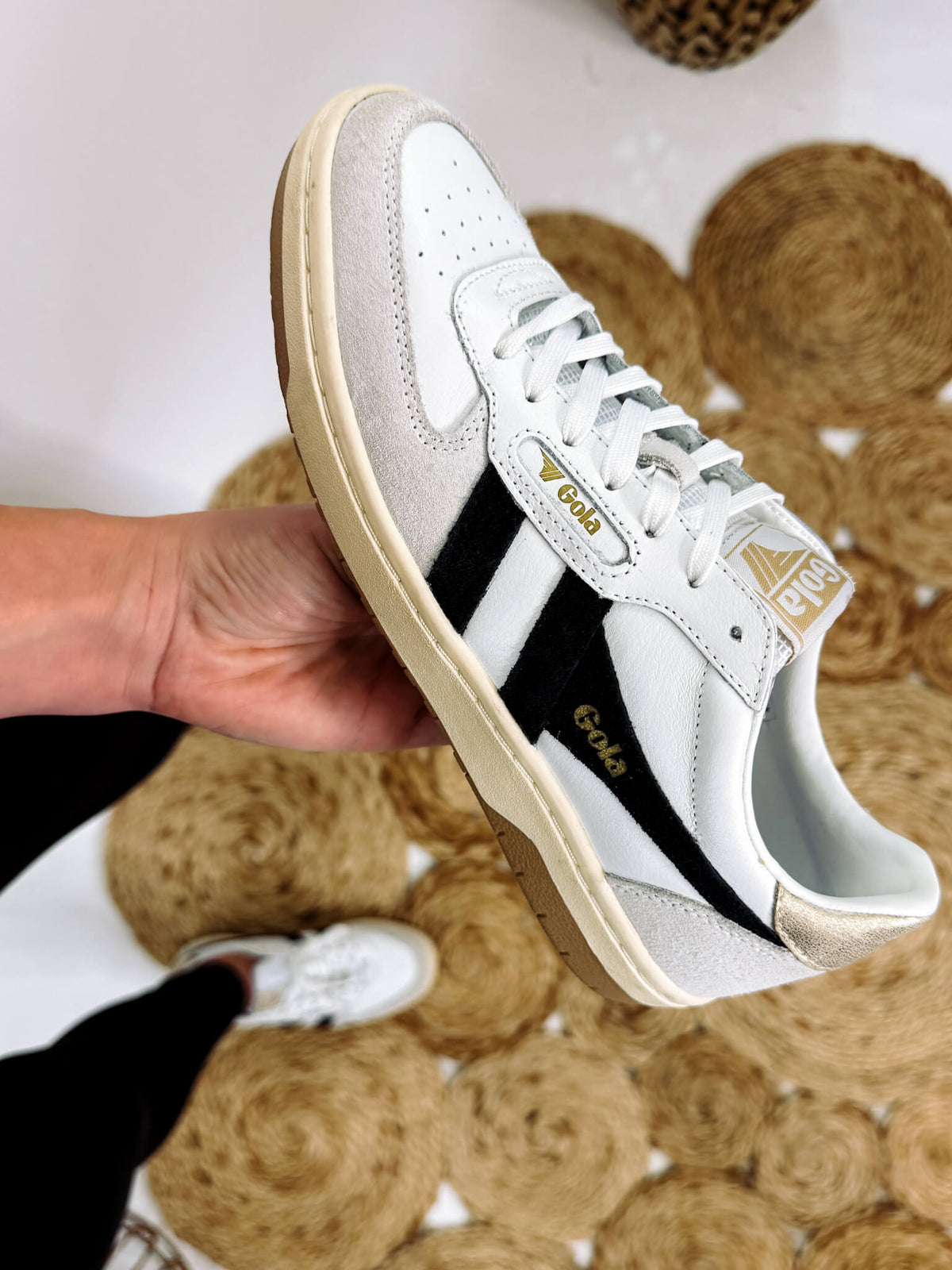 Gola Women's Hawk Sneakers in White, Black, and Gold with Leather, Suede, and Mesh Finish