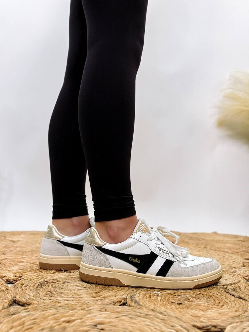 Gola Women's Hawk Sneakers in White, Black, and Gold with Leather, Suede, and Mesh Finish