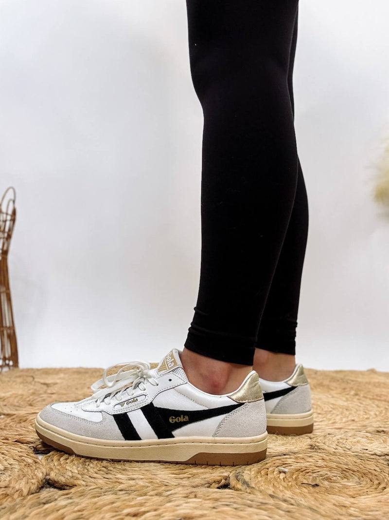 Gola Women's Hawk Sneakers in White, Black, and Gold with Leather, Suede, and Mesh Finish