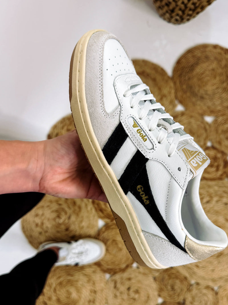 Gola Women's Hawk Sneakers in White, Black, and Gold with Leather, Suede, and Mesh Finish