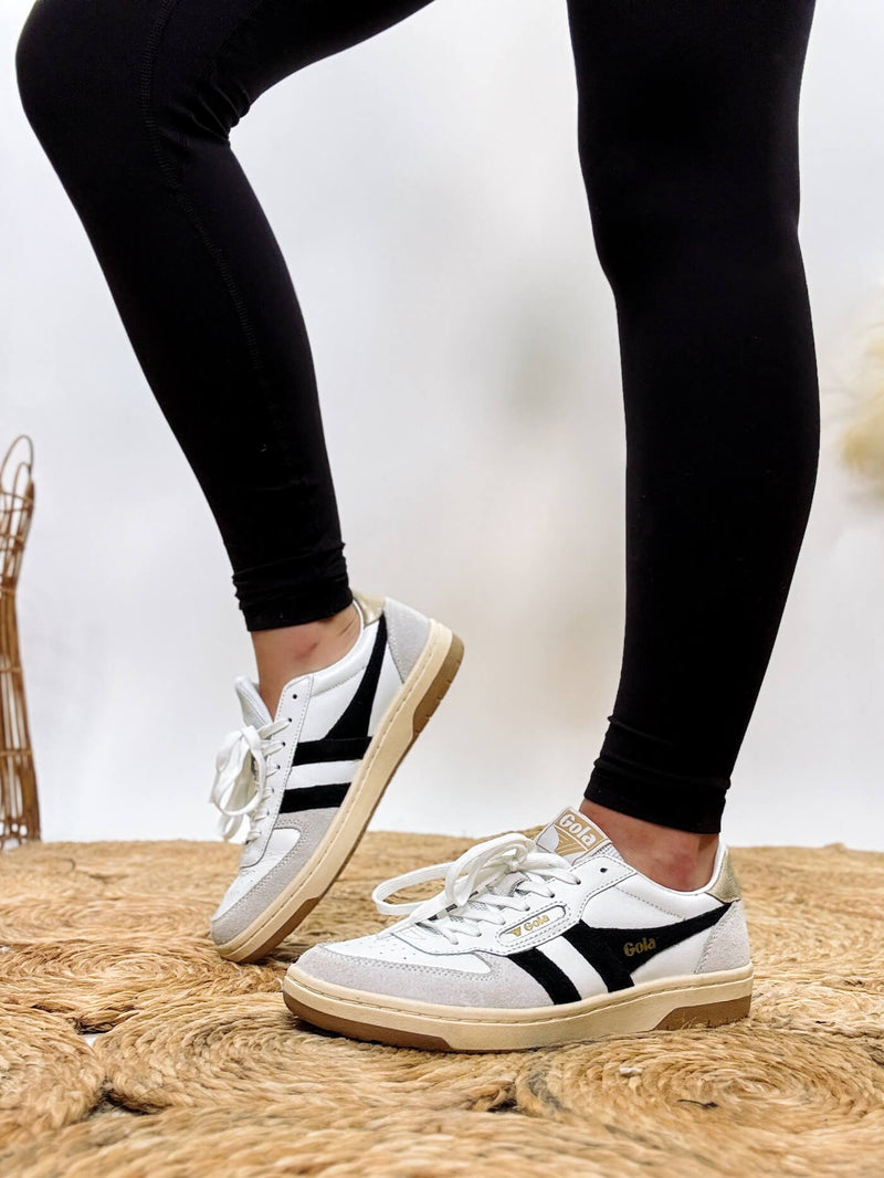 Gola Women's Hawk Sneakers in White, Black, and Gold with Leather, Suede, and Mesh Finish