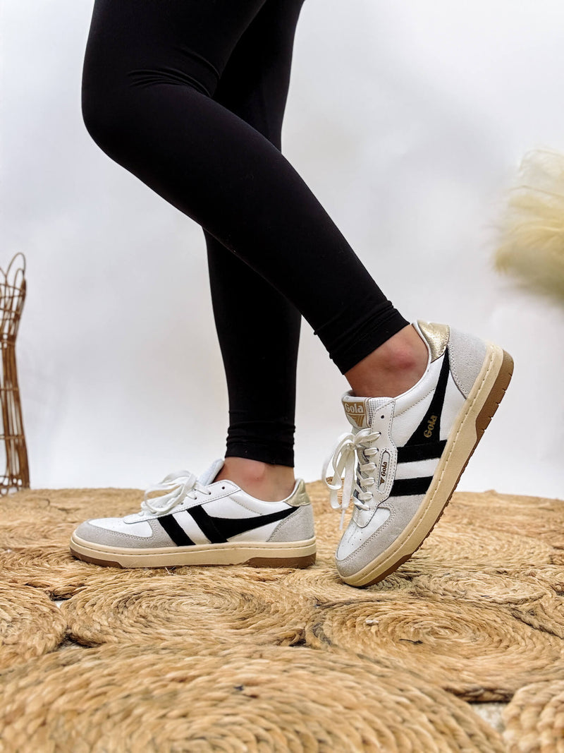 Gola Women's Hawk Sneakers in White, Black, and Gold with Leather, Suede, and Mesh Finish