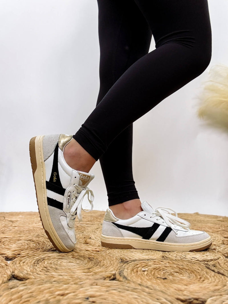 Gola Women's Hawk Sneakers in White, Black, and Gold with Leather, Suede, and Mesh Finish