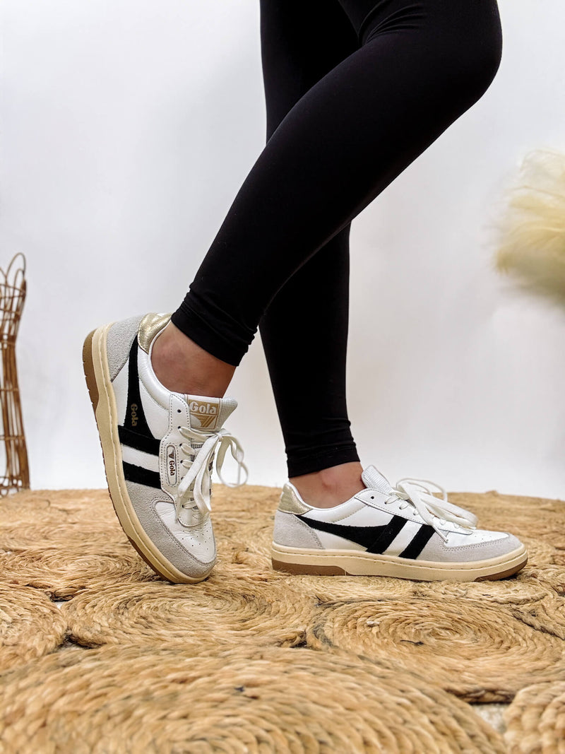 Gola Women's Hawk Sneakers in White, Black, and Gold with Leather, Suede, and Mesh Finish