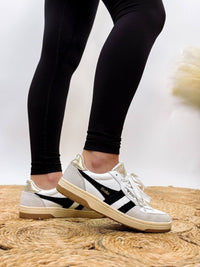 Gola Women's Hawk Sneakers in White, Black, and Gold with Leather, Suede, and Mesh Finish