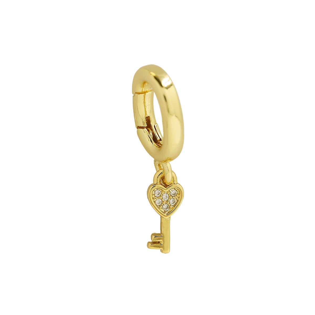 Heart Key Charm with cubic zirconia heart, crafted from 18k gold-plated brass with an interchangeable clasp, perfect for realtors, home designers, and personalizing your jewelry at Bmaes Boutique.