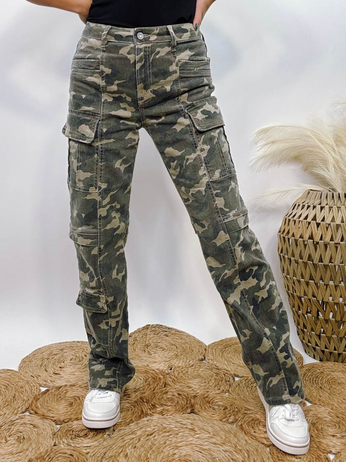 Hidden Jeans Tracey Camo Cargo Straight Stretch Jeans with snap button pockets, high-rise fit, and paneled detailing