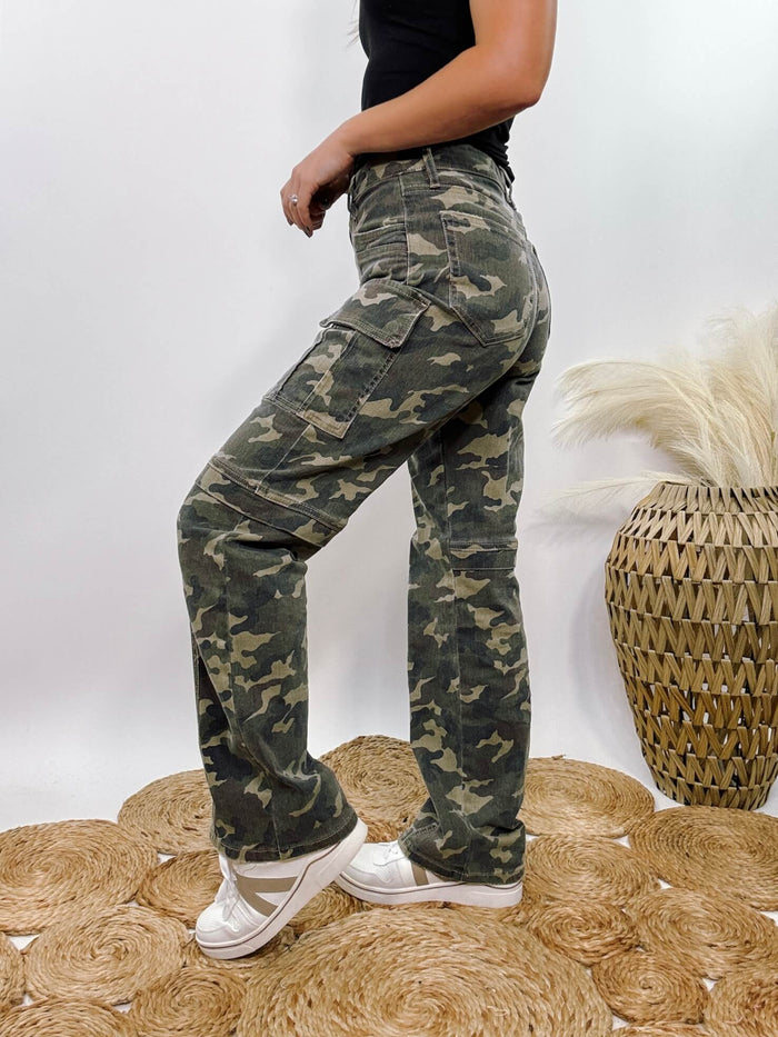 Hidden Jeans Tracey Camo Cargo Straight Stretch Jeans with snap button pockets, high-rise fit, and paneled detailing