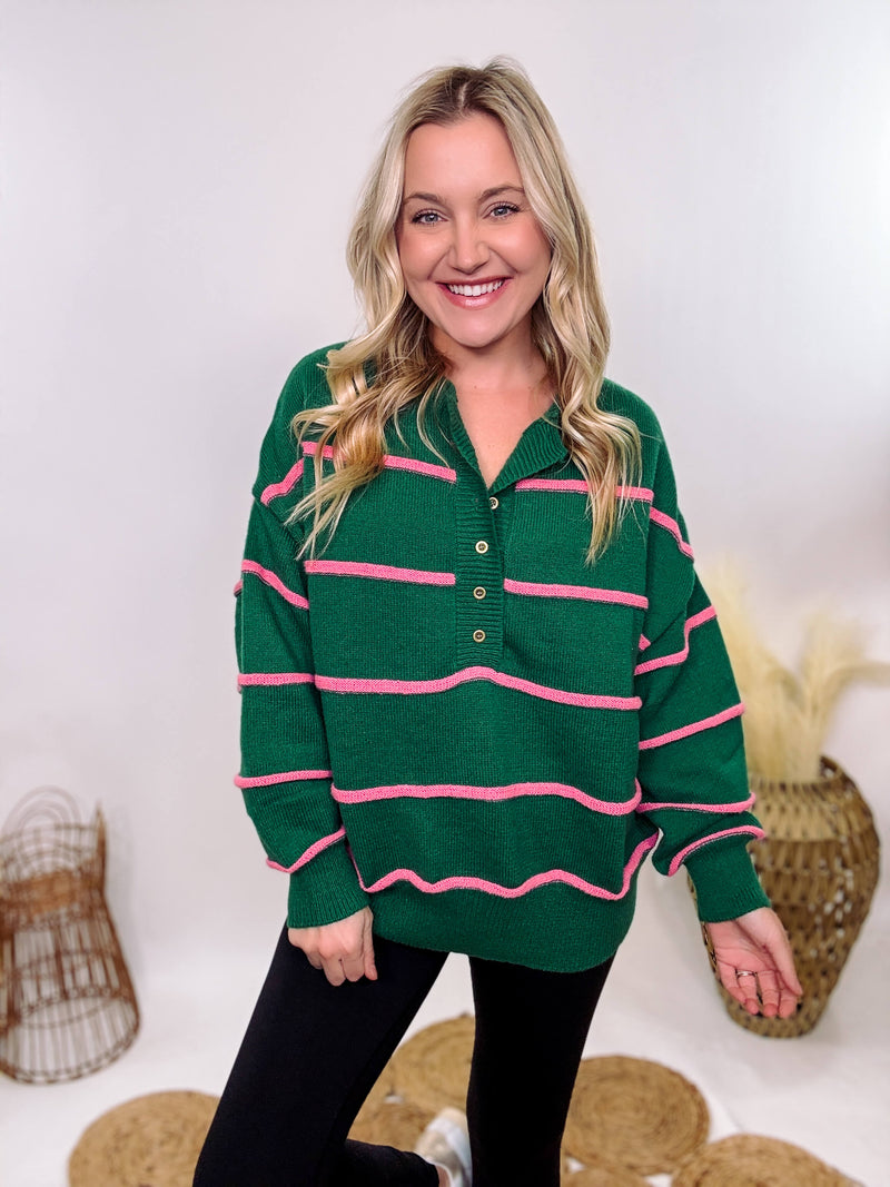 Hunter Green and Pink Stripe Henley Button-Down Oversized Sweater with a relaxed fit, ribbed hem, and soft, stretchy polyester fabric.