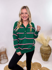 Hunter Green and Pink Stripe Henley Button-Down Oversized Sweater with a relaxed fit, ribbed hem, and soft, stretchy polyester fabric.