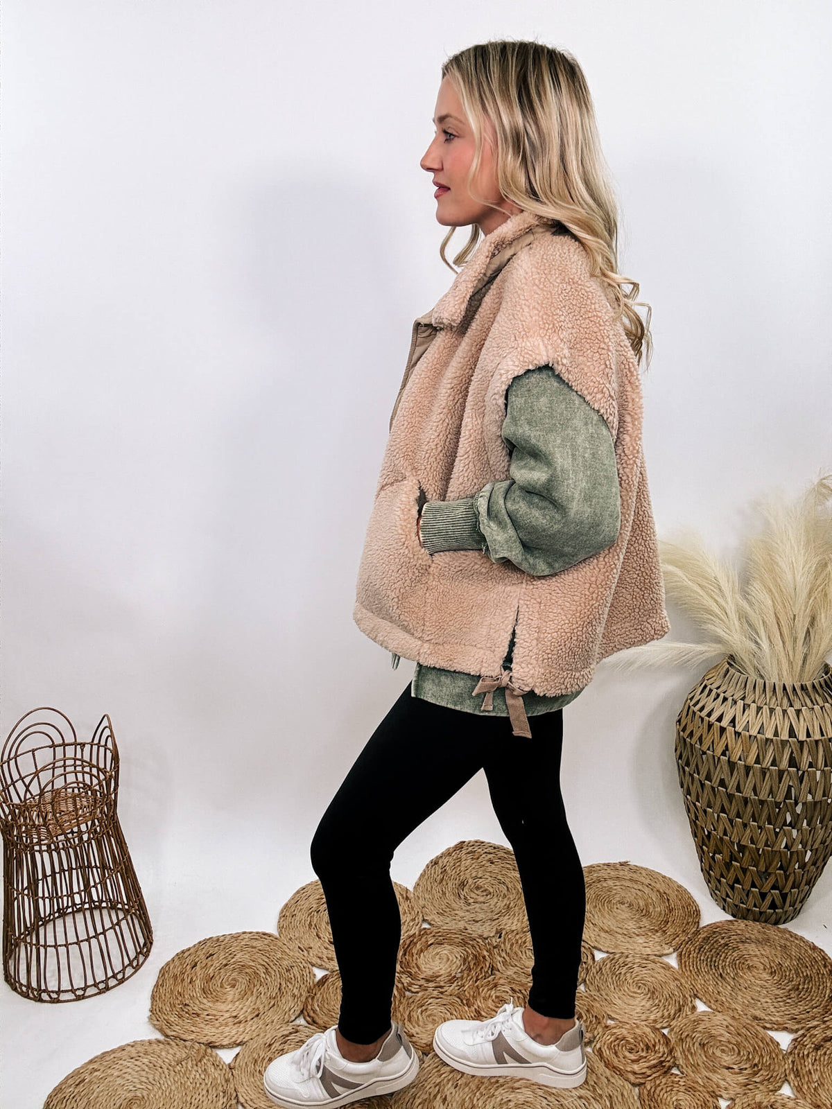 Hyfve tan camel sherpa vest with side ties, button-up front, and oversized cut creating a cap sleeve effect.