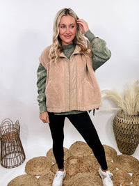 Hyfve tan camel sherpa vest with side ties, button-up front, and oversized cut creating a cap sleeve effect.