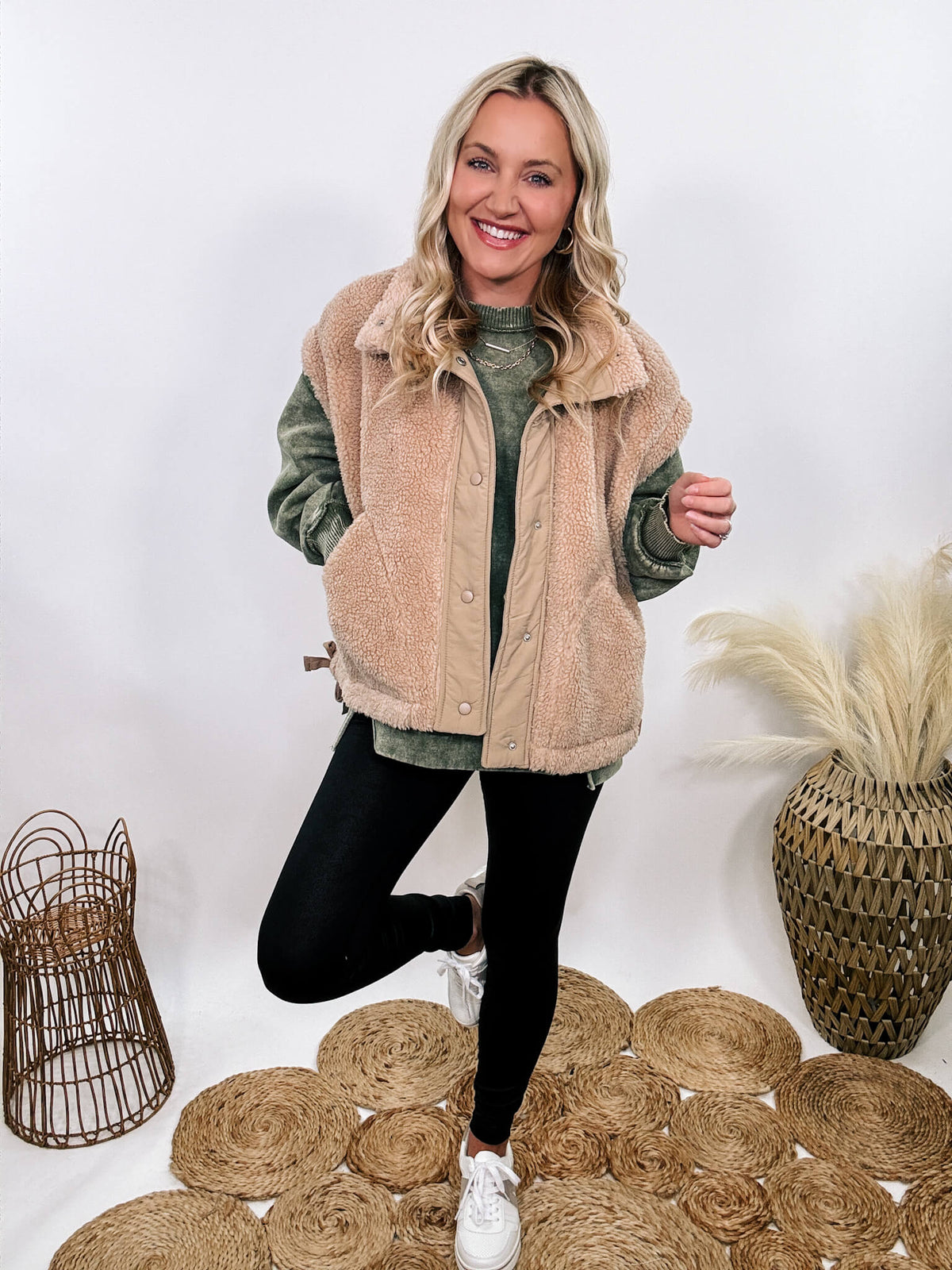 Hyfve tan camel sherpa vest with side ties, button-up front, and oversized cut creating a cap sleeve effect.