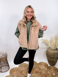 Hyfve tan camel sherpa vest with side ties, button-up front, and oversized cut creating a cap sleeve effect.