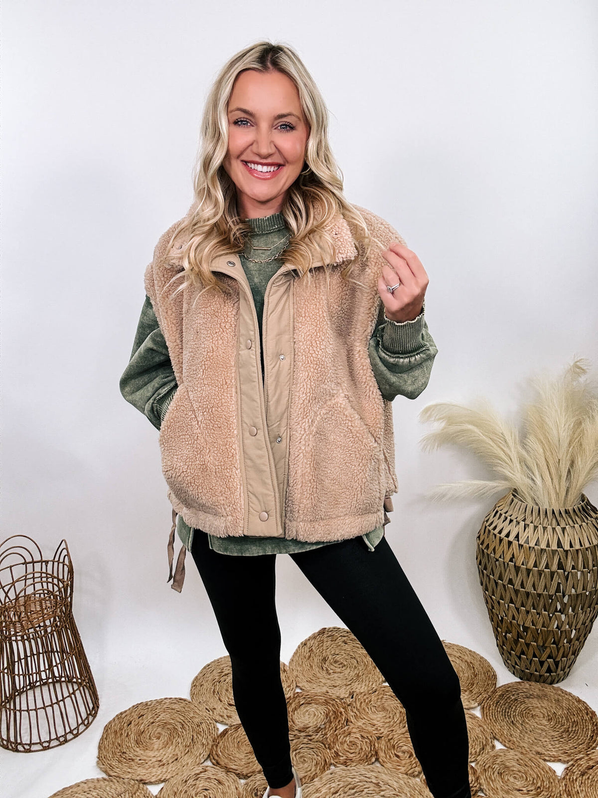 Hyfve tan camel sherpa vest with side ties, button-up front, and oversized cut creating a cap sleeve effect.