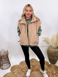 Hyfve tan camel sherpa vest with side ties, button-up front, and oversized cut creating a cap sleeve effect.