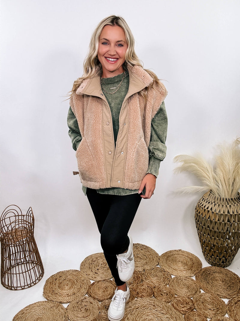 Hyfve tan camel sherpa vest with side ties, button-up front, and oversized cut creating a cap sleeve effect.