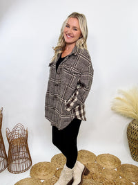 Hyfve brown mixed plaid button-down jacket with side and chest pockets, long sleeves, and a relaxed fit for a stylish, comfortable look.