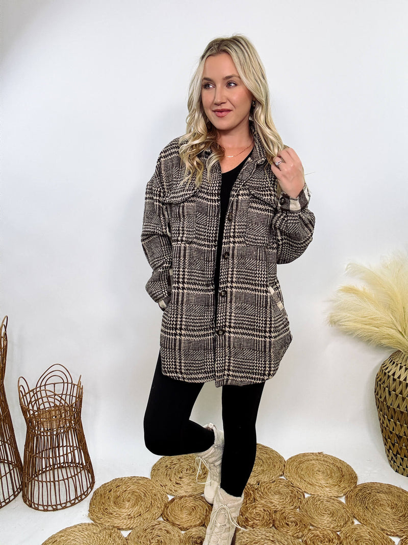 Hyfve brown mixed plaid button-down jacket with side and chest pockets, long sleeves, and a relaxed fit for a stylish, comfortable look.