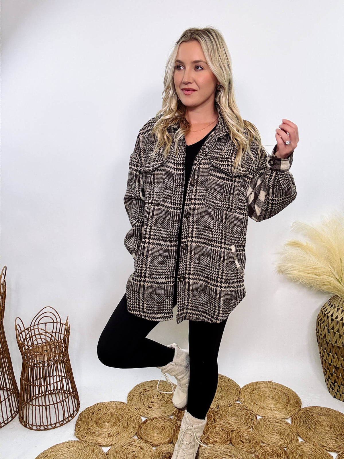 Hyfve brown mixed plaid button-down jacket with side and chest pockets, long sleeves, and a relaxed fit for a stylish, comfortable look.