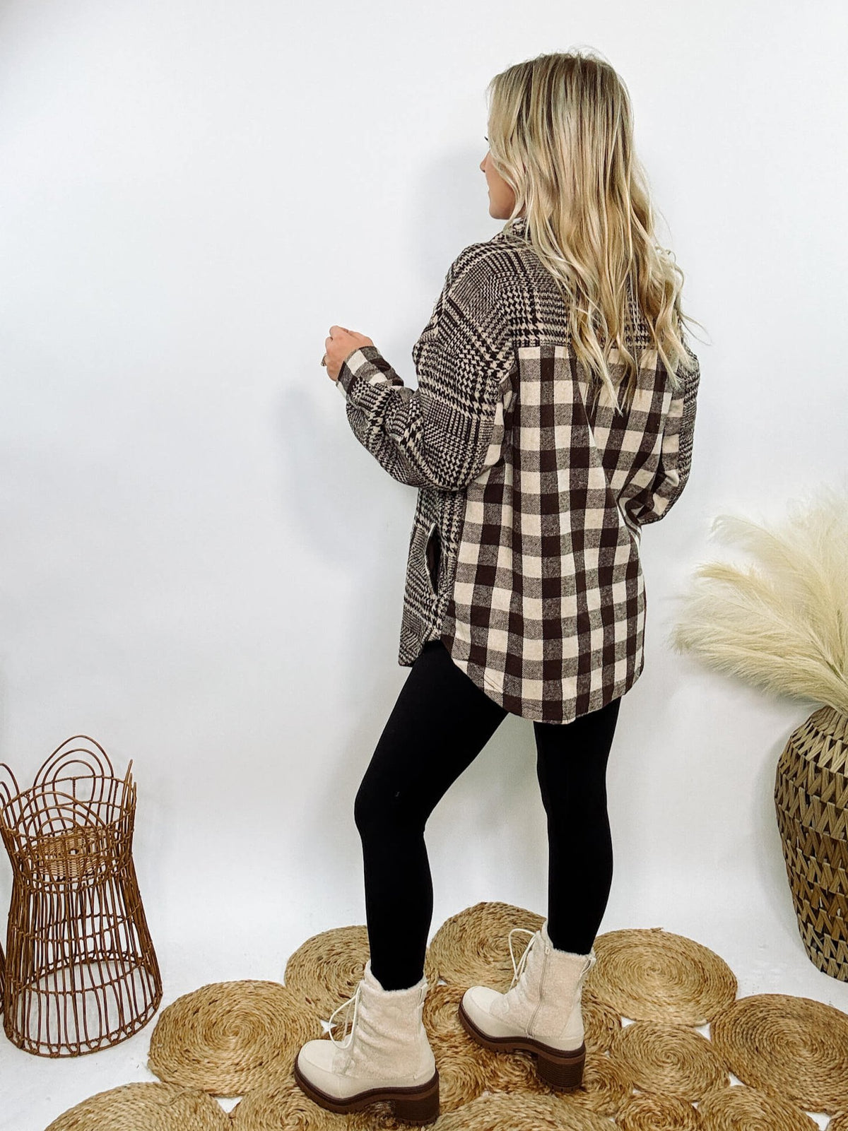 Hyfve brown mixed plaid button-down jacket with side and chest pockets, long sleeves, and a relaxed fit for a stylish, comfortable look.