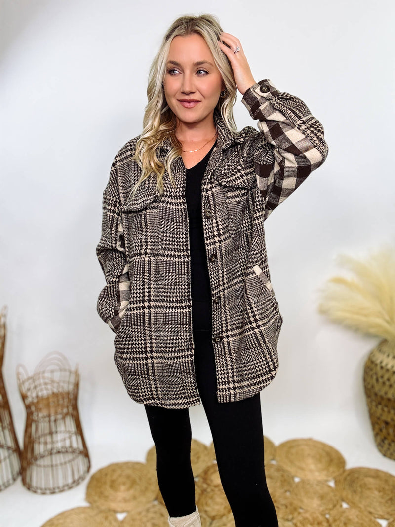 Hyfve brown mixed plaid button-down jacket with side and chest pockets, long sleeves, and a relaxed fit for a stylish, comfortable look.