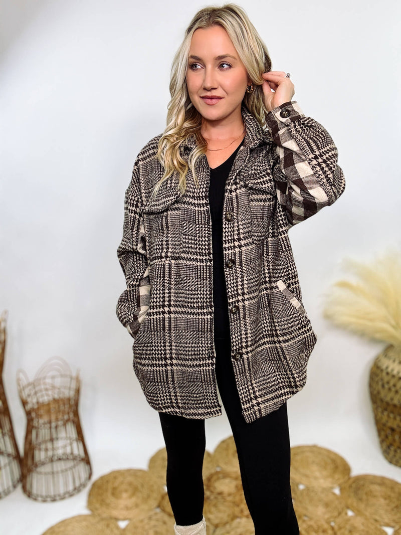 Hyfve brown mixed plaid button-down jacket with side and chest pockets, long sleeves, and a relaxed fit for a stylish, comfortable look.