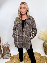 Hyfve brown mixed plaid button-down jacket with side and chest pockets, long sleeves, and a relaxed fit for a stylish, comfortable look.