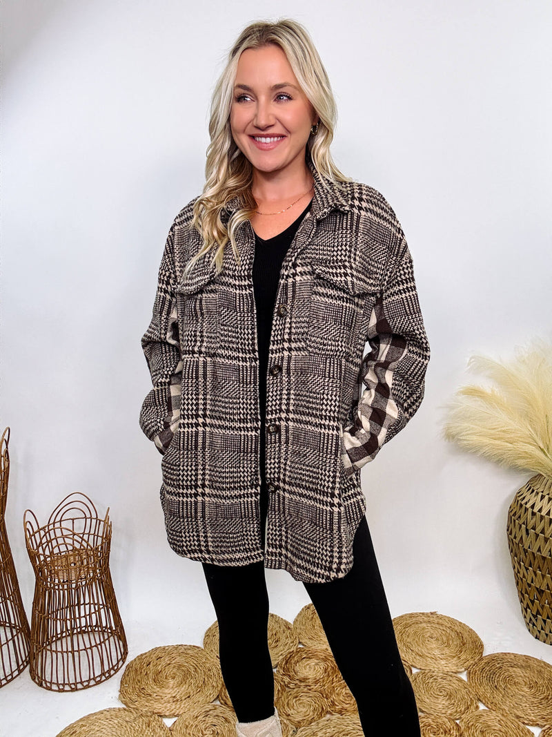 Hyfve brown mixed plaid button-down jacket with side and chest pockets, long sleeves, and a relaxed fit for a stylish, comfortable look.