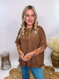 In Loom Mushroom Brown Oversized Tee with Layered Sheer Embroidered Floral Lace Mesh Sleeves – Relaxed Fit, Feminine Detailing, and Edgy Winter Style.