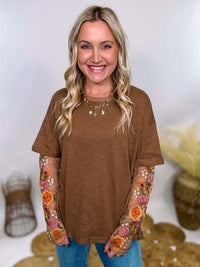 In Loom Mushroom Brown Oversized Tee with Layered Sheer Embroidered Floral Lace Mesh Sleeves – Relaxed Fit, Feminine Detailing, and Edgy Winter Style.