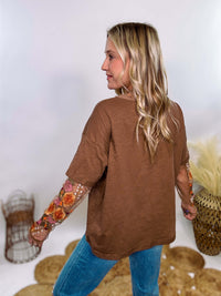 In Loom Mushroom Brown Oversized Tee with Layered Sheer Embroidered Floral Lace Mesh Sleeves – Relaxed Fit, Feminine Detailing, and Edgy Winter Style.