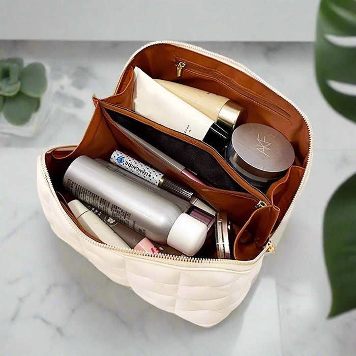 White Quilted Vegan Leather Travel Makeup Bag