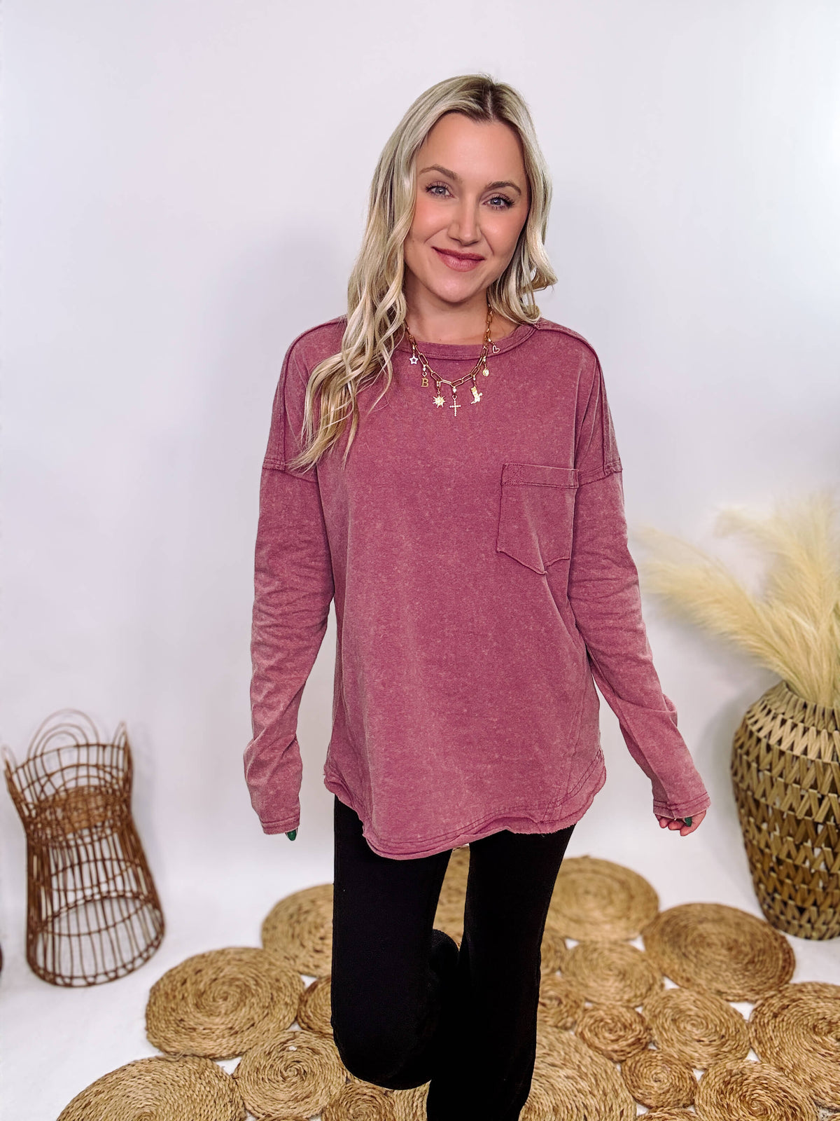 Mauve Acid Washed Long Sleeve Top with Raw Edge Detail, Chest Pocket, and Relaxed Fit – Perfect for Casual Outfits with Leggings and Sneakers.