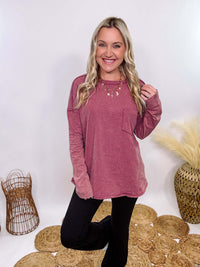 Mauve Acid Washed Long Sleeve Top with Raw Edge Detail, Chest Pocket, and Relaxed Fit – Perfect for Casual Outfits with Leggings and Sneakers.