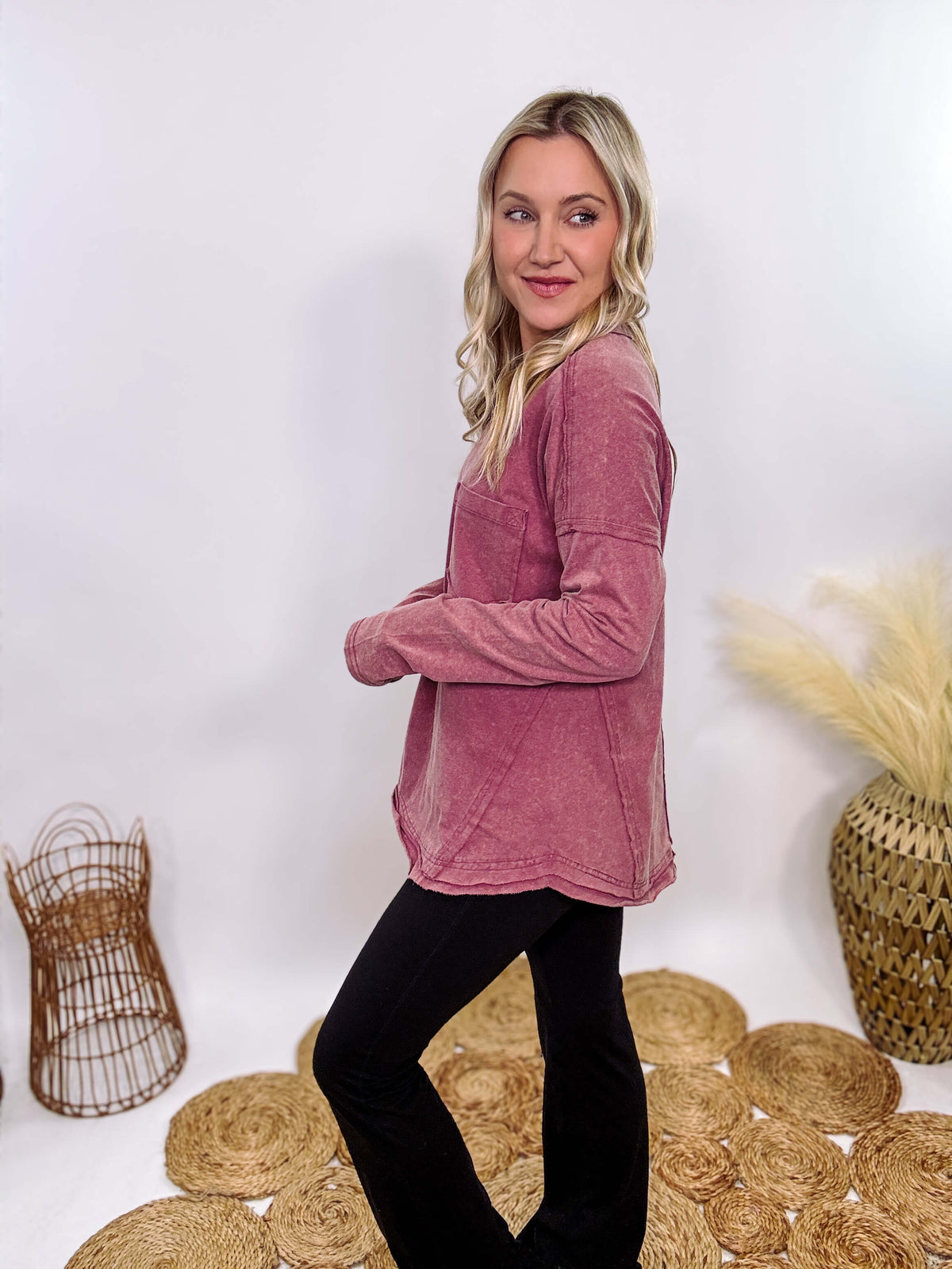 Mauve Acid Washed Long Sleeve Top with Raw Edge Detail, Chest Pocket, and Relaxed Fit – Perfect for Casual Outfits with Leggings and Sneakers.