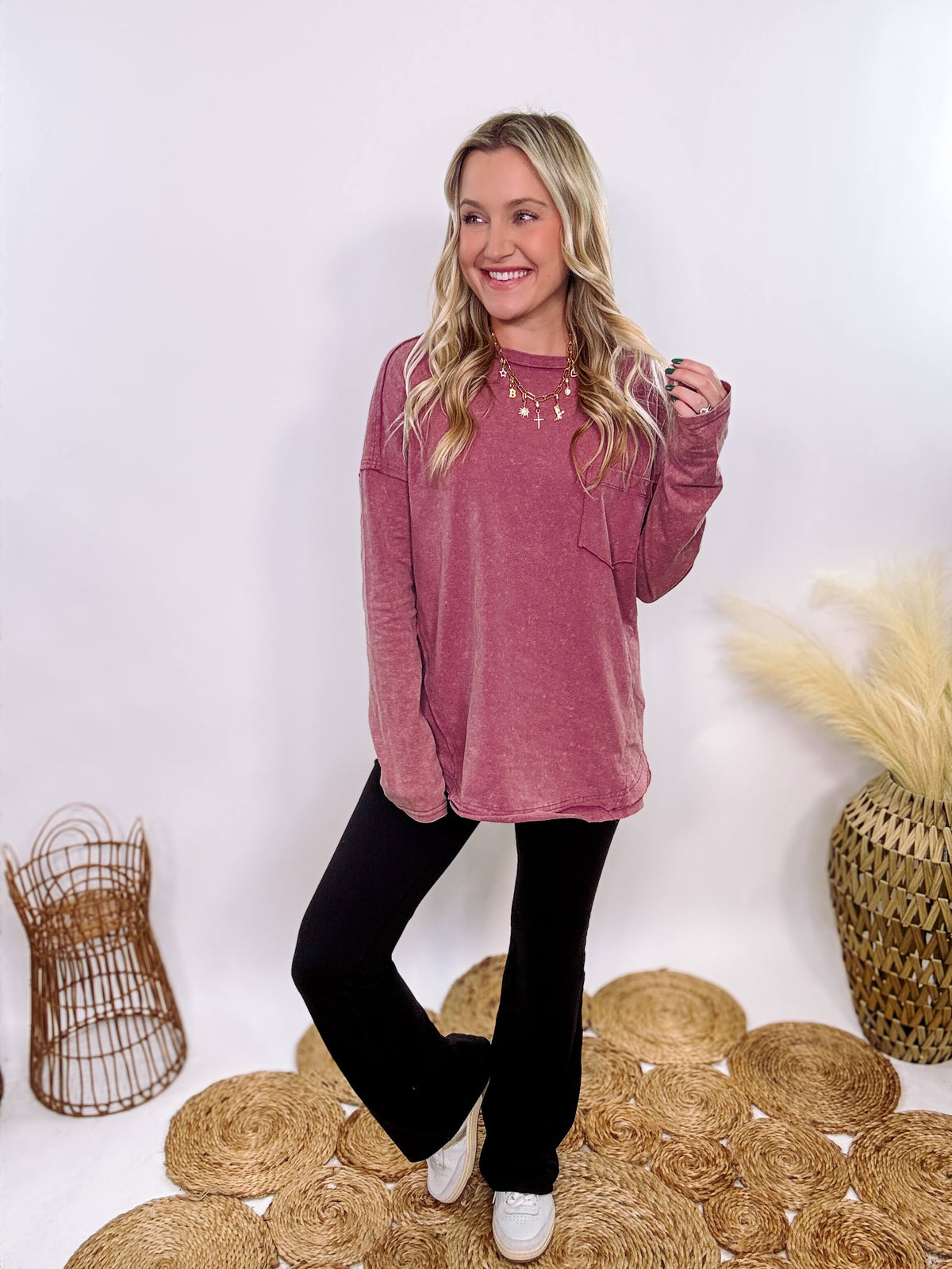 Mauve Acid Washed Long Sleeve Top with Raw Edge Detail, Chest Pocket, and Relaxed Fit – Perfect for Casual Outfits with Leggings and Sneakers.